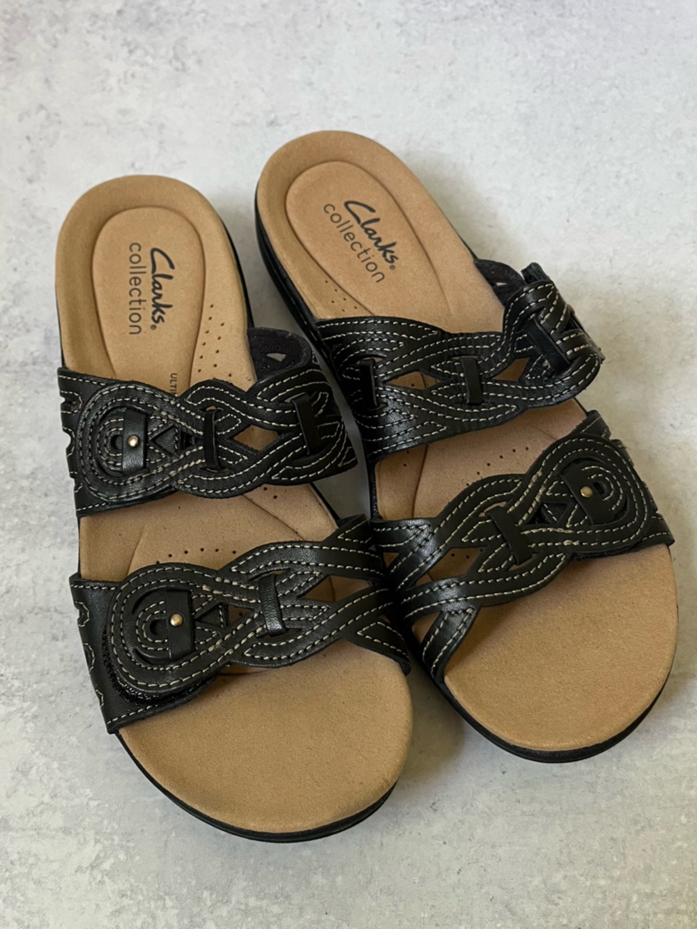 Clarks Leather Slip On Comfort Sandals Black 7 Woven Walking NEW